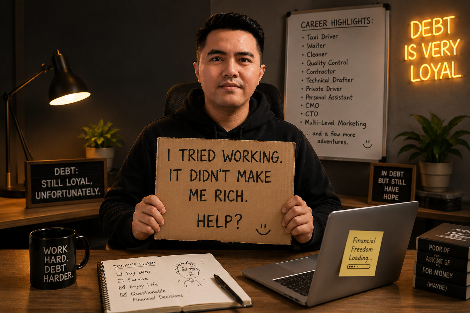 Rifqi holding donation sign